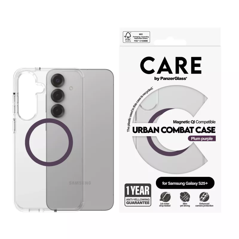 PanzerGlass CARE Urban Combat caurspīdīgs maciņš Plum Purple Qi Samsung Galaxy S25+