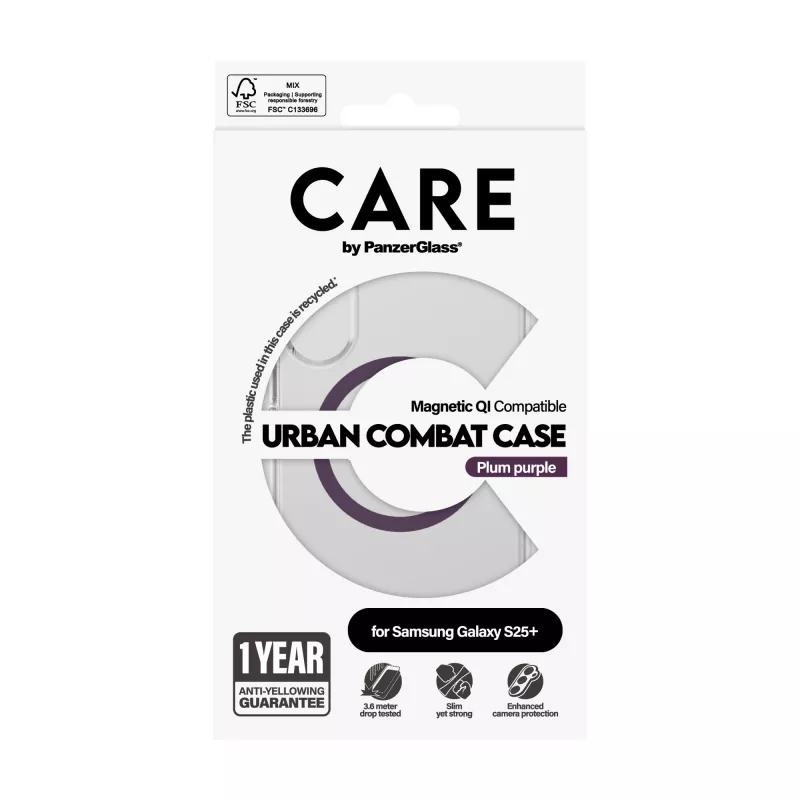 PanzerGlass CARE Urban Combat caurspīdīgs maciņš Plum Purple Qi Samsung Galaxy S25+