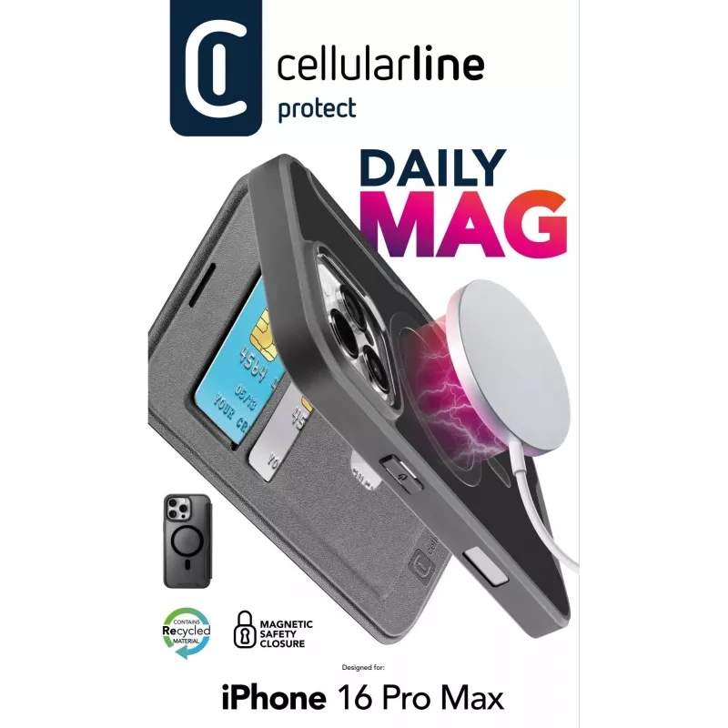 Cellularline Daily Mag - iPhone 16 Pro Max vāciņš-grāmatiņa ar puscaurskatāmu cieto aizmuguri, saderīgs ar MagSafe® ekosistēmu