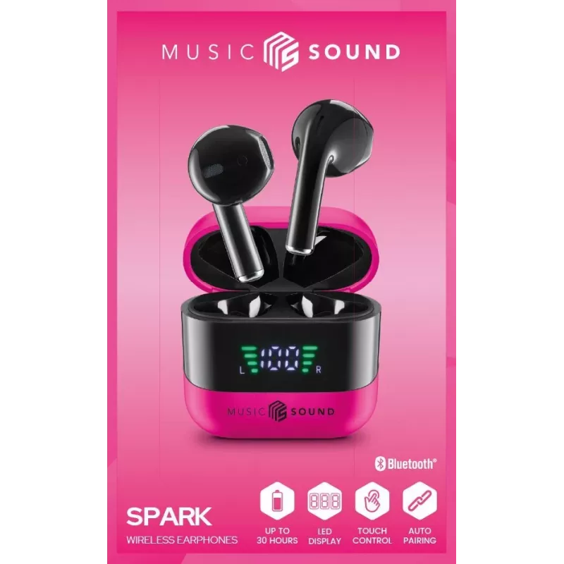 Music Sound SPARK TWS austiņas ar LED displeju, True Wireless Stereo (TWS), zvani/mūzika, 66 g, austiņas, rozā