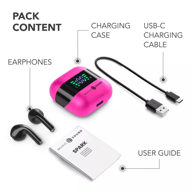 Music Sound SPARK TWS austiņas ar LED displeju, True Wireless Stereo (TWS), zvani/mūzika, 66 g, austiņas, rozā