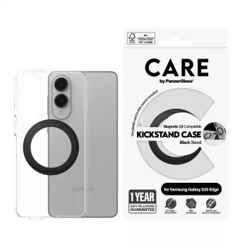 PanzerGlass CARE caurspīdīgs maciņš ar melnu statīvu un Qi Samsung Galaxy S25 Edge