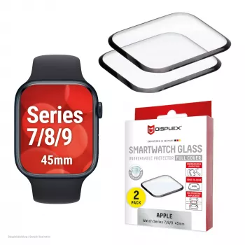 Ekrāna aizsargs Displex Unbreakable Full Cover Smart Glass Apple Watch 45mm (Series 9/8/7), 2 gab. iepakojumā, īpaši plāns no malas līdz malai