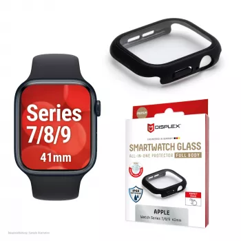 PanzerGlass Displex 10H rūdīta stikla pilna korpusa futrālis Apple Watch 41mm (Series 9/8/7), IP68, uzspiežams, melns matēts