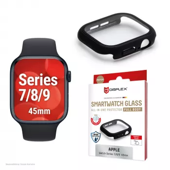 Displex 10H rūdītais stikls Apple Watch 9/8/7 (45mm), pilna korpusa aizsargapvalks, IP68, uzspiežams, melns matēts
