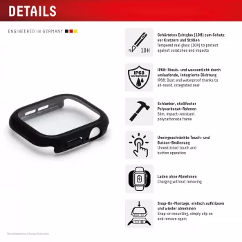 Displex 10H rūdītais stikls Apple Watch 9/8/7 (45mm), pilna korpusa aizsargapvalks, IP68, uzspiežams, melns matēts