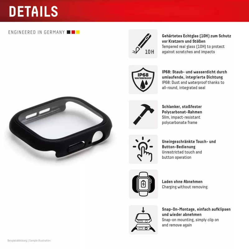 Displex 10H rūdītais stikls Apple Watch 9/8/7 (45mm), pilna korpusa aizsargapvalks, IP68, uzspiežams, melns matēts