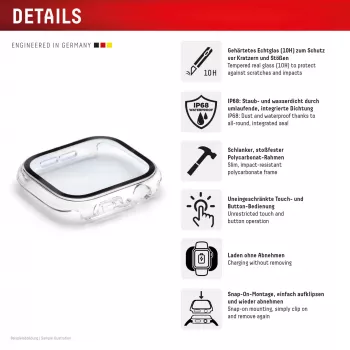 Ekrāna aizsargs PanzerGlass Displex 10H Apple Watch 9/8/7 45mm, pilna korpusa rūdīts stikls, IP68, uzspiežams, caurspīdīgs