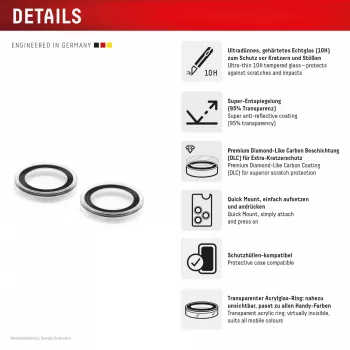 Displex Premium Camera Lens Glass, iPhone 15/15 Plus, 10H, Single Rings, DLC, caurspīdīgs, Quick Mount
