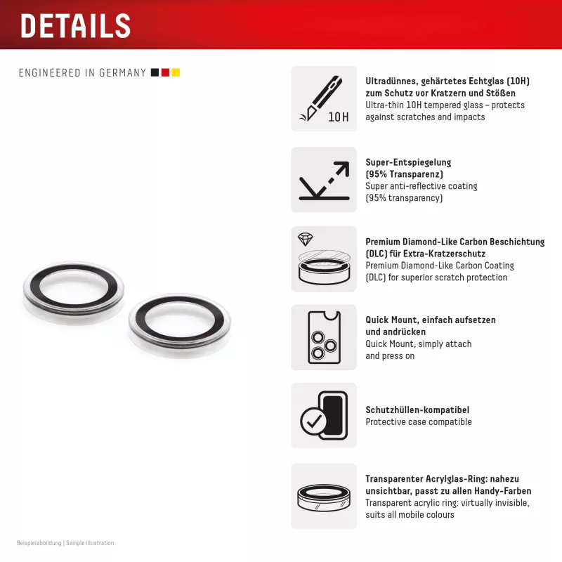 Displex Premium Camera Lens Glass, iPhone 15/15 Plus, 10H, Single Rings, DLC, caurspīdīgs, Quick Mount