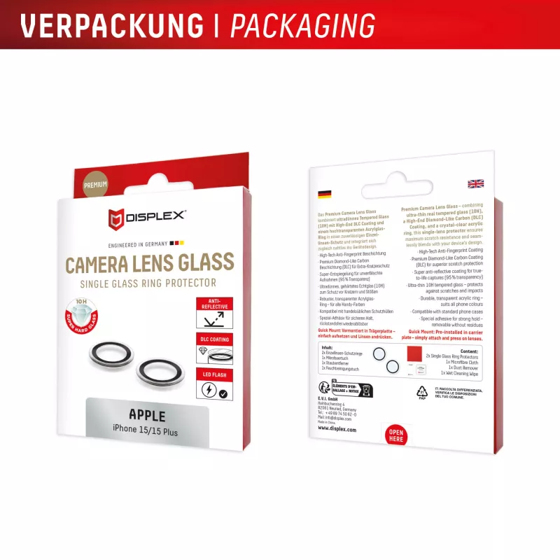 Displex Premium Camera Lens Glass, iPhone 15/15 Plus, 10H, Single Rings, DLC, caurspīdīgs, Quick Mount