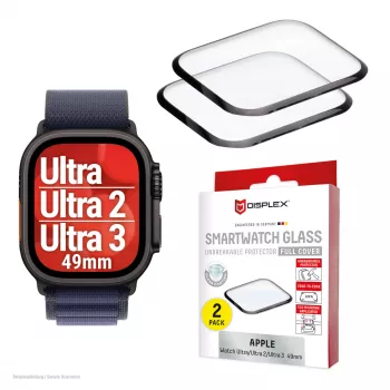 Ekrāna aizsargs Displex Unbreakable Full Cover Smart Glass Apple Watch Ultra 3/Ultra 2/Ultra (49mm), 2 gab., no malas līdz malai, caurspīdīgs