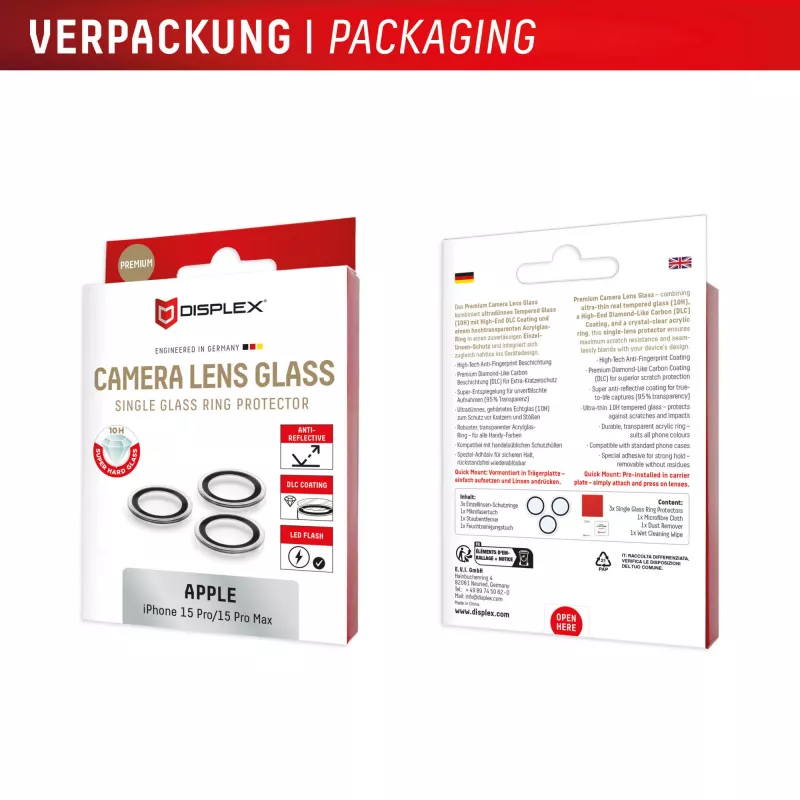 Displex Premium Camera Lens Glass, iPhone 15 Pro/15 Pro Max, 10H, Single Rings, DLC, transparent, Quick Mount