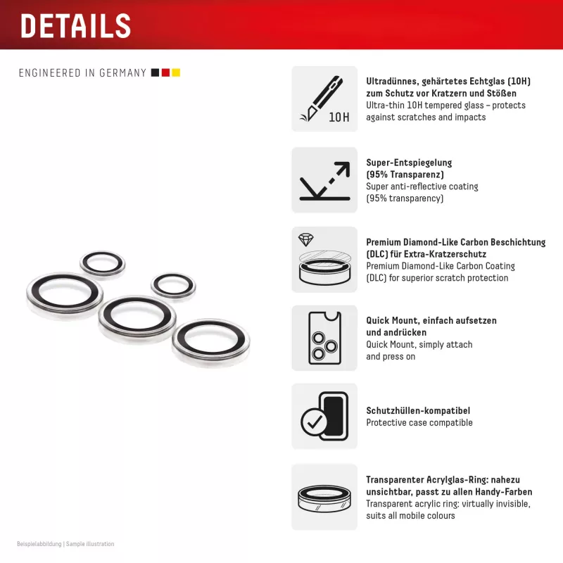 Displex Premium Camera Lens Glass, Samsung Galaxy S25 Ultra, 10H, Single Rings, DLC, caurspīdīgs, Quick Mount