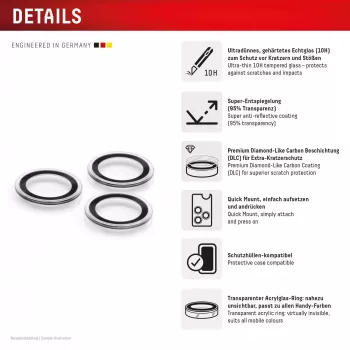 Displex Premium kameras lēcas stikls, iPhone 16 Pro/16 Pro Max, 10H, viengabala riņķi, DLC, caurspīdīgs, Quick Mount