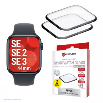 Displex Neplīstošs Pilns Pārklājums Viedā Stikla Apple Watch SE3/SE2/SE (44mm), 2 gab., Ultraplāns, No malas līdz malai, Eco Mount