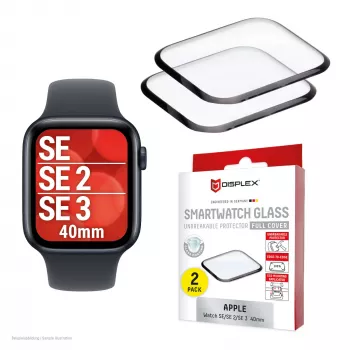 Displex Nesaplīstoša, Pilna Pārklājuma Viedstikls Apple Watch SE3/SE2/SE (40mm), 2 gab., Īpaši plāns, No malas līdz malai, Eco Mount