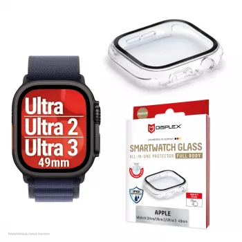 Ekrāna aizsargs PanzerGlass Displex 10H priekš Apple Watch Ultra 3/Ultra 2/Ultra (49mm) — pilna korpusa, IP68, uzspiežams, caurspīdīgs