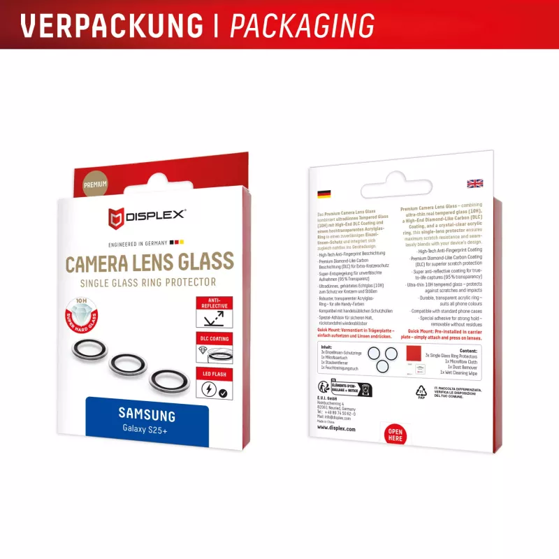 Displex Premium Camera Lens Glass, Samsung Galaxy S25+, 10H, Single Rings, DLC, transparents, Quick Mount