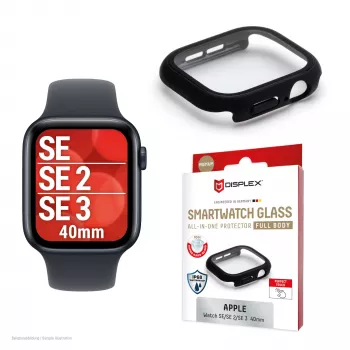 Ekrāna aizsargs PanzerGlass Displex 10H Apple Watch SE3/SE2/SE (40mm) — pilna korpusa, IP68, uzspiežams, melns matēts