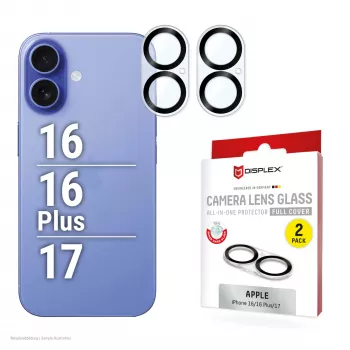 Displex Full Cover kameras objektīva stikls iPhone 16/16 Plus/17, 10H, pilns kameras aizsargs, ātra uzstādīšana, 2 gab.