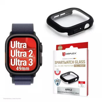 Ekrāna aizsargs PanzerGlass Displex 10H Apple Watch Ultra 3/Ultra 2/Ultra (49 mm), pilna korpusa, IP68, uzspiežams, melns matēts