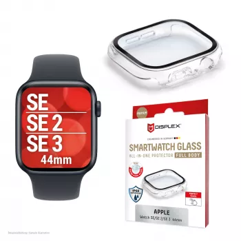 PanzerGlass Displex 10H rūdīta stikla pilna korpusa aizsargs Apple Watch SE/SE2/SE3 44mm, IP68, uzspiežams, caurspīdīgs