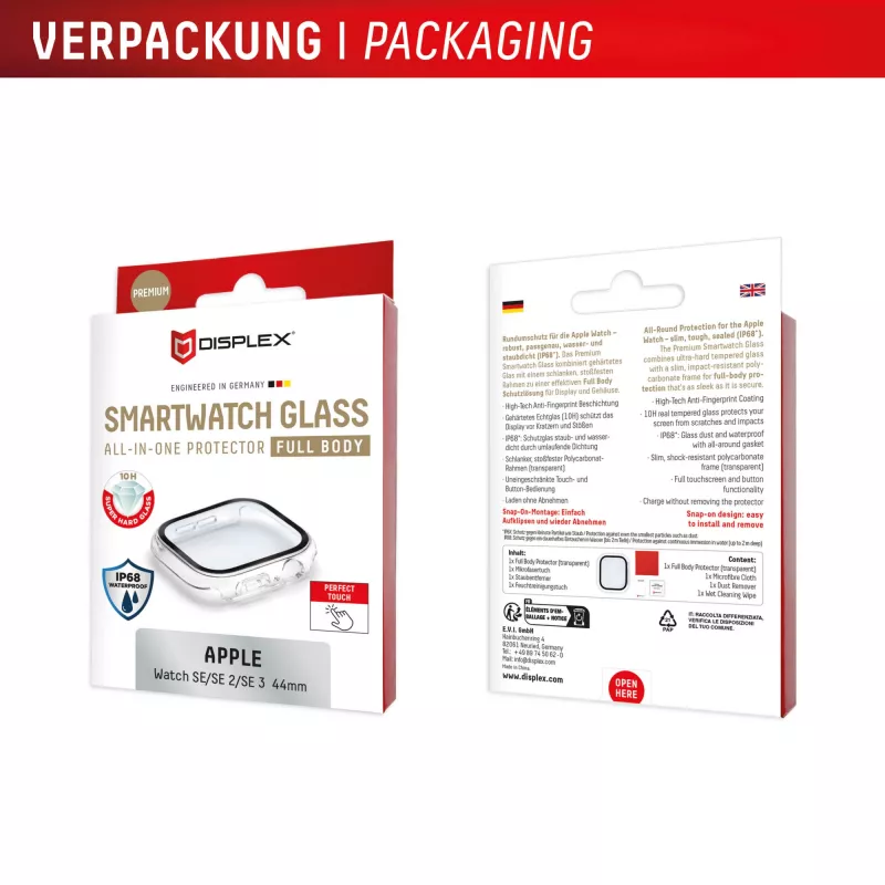 PanzerGlass Displex 10H rūdīta stikla pilna korpusa aizsargs Apple Watch SE/SE2/SE3 44mm, IP68, uzspiežams, caurspīdīgs