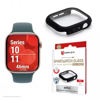 Displex 10H rūdītais stikls Apple Watch 11/10 (46mm), pilna korpusa aizsargs, IP68, uzspiežams, melns matēts
