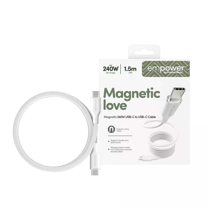 PanzerGlass empower™ by ® Magnetic 240W USB-C uz USB-C kabelis | USB 2.0 | 1,5 m | sudrabaini balts