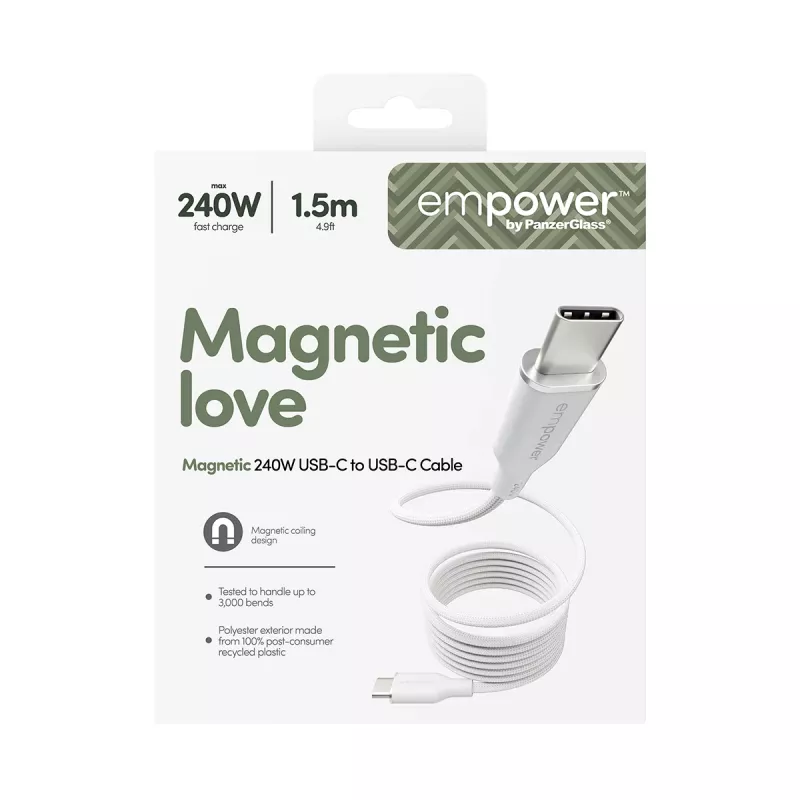 PanzerGlass empower™ by ® Magnetic 240W USB-C uz USB-C kabelis | USB 2.0 | 1,5 m | sudrabaini balts