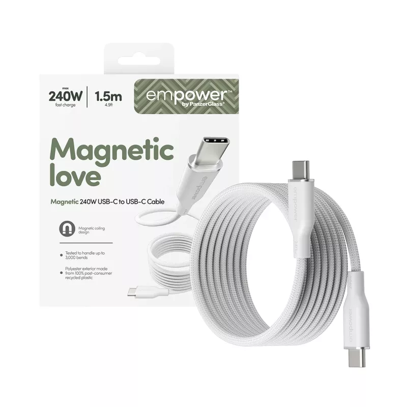 PanzerGlass empower™ by ® Magnetic 240W USB-C uz USB-C kabelis | USB 2.0 | 1,5 m | sudrabaini balts