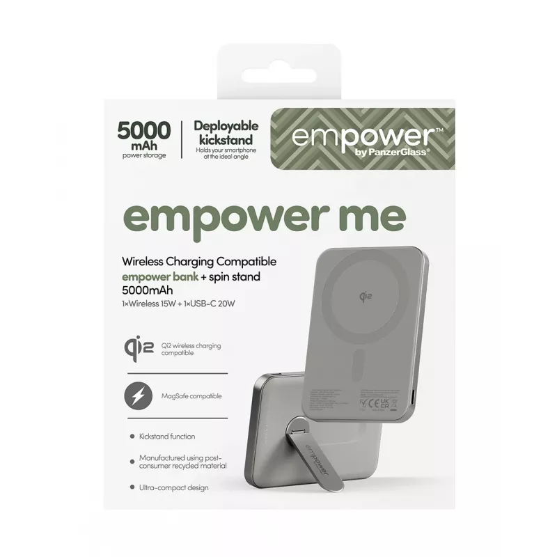 Ārējais akumulators PanzerGlass empower by empower Bank ar grozāmu statīvu 5000mAh Titāna krāsā