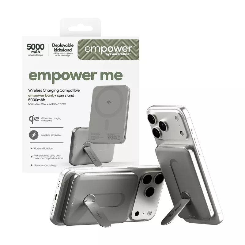 Ārējais akumulators PanzerGlass empower by empower Bank ar grozāmu statīvu 5000mAh Titāna krāsā