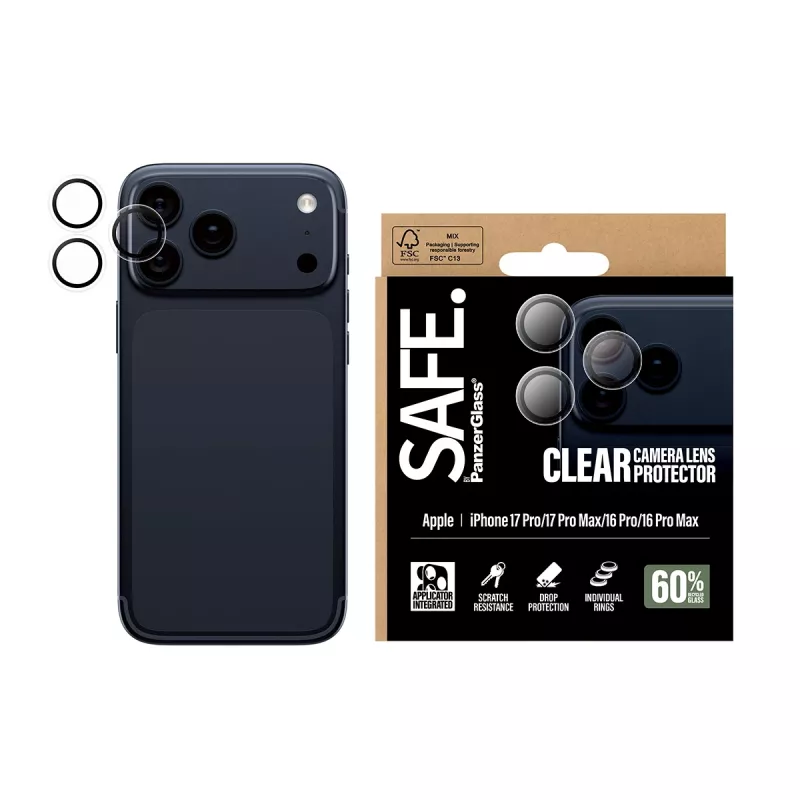 PanzerGlass SAFE. by ® kameras objektīva aizsargs, caurspīdīgs, iPhone 17 Pro | iPhone 17 Pro Max | iPhone 16 Pro | 16 Pro Max