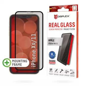 Displex Privacy Full Cover ekrāna aizsargs (10H) Apple iPhone XR/11, montāžas rāmis, privātuma filtrs, rūdīts stikls, pret skrāpējumiem izturīga aizsargplēve, saderīgs ar maciņiem