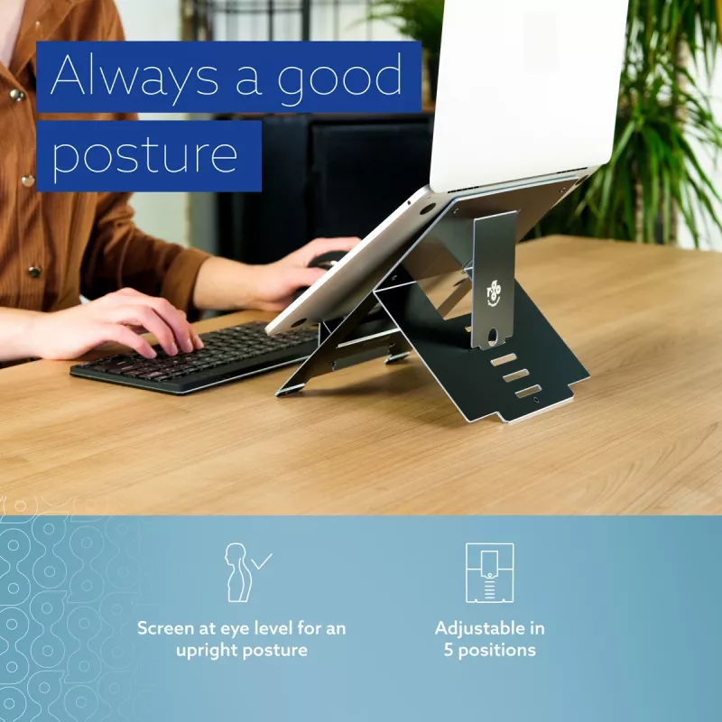R-Go Tools klēpjdatora statīvs R-Go Riser Flexible, regulējams saliekams klēpjdatora pacēlājs, ergonomisks, Hylite alumīnija, melns