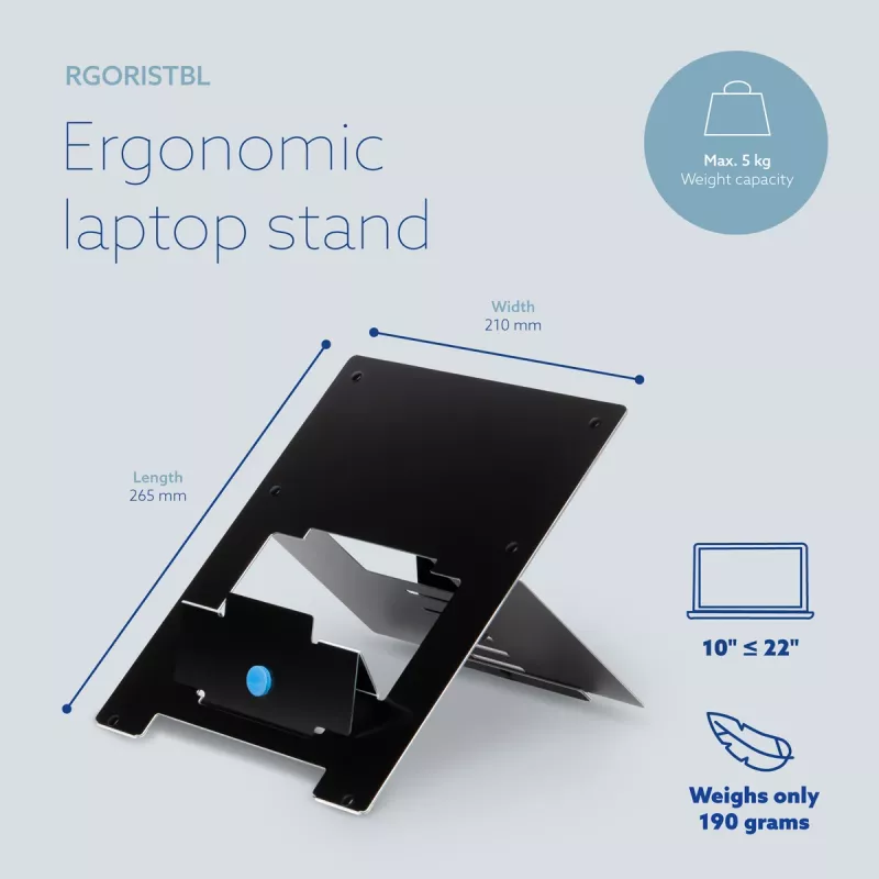 R-Go Tools klēpjdatora statīvs R-Go Riser Flexible, regulējams saliekams klēpjdatora pacēlājs, ergonomisks, Hylite alumīnija, melns