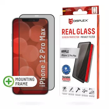 Displex Privacy pilna pārklājuma ekrāna aizsargs (10H) Apple iPhone 12 Pro Max, EASY-ON® Eco montāžas rāmis, privātuma filtrs, rūdīts stikls, skrāpējumiem izturīga aizsargplēve, draudzīgs maciņiem