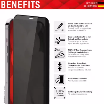 Displex Privacy pilna pārklājuma ekrāna aizsargs (10H) Apple iPhone 12 Pro Max, EASY-ON® Eco montāžas rāmis, privātuma filtrs, rūdīts stikls, skrāpējumiem izturīga aizsargplēve, draudzīgs maciņiem