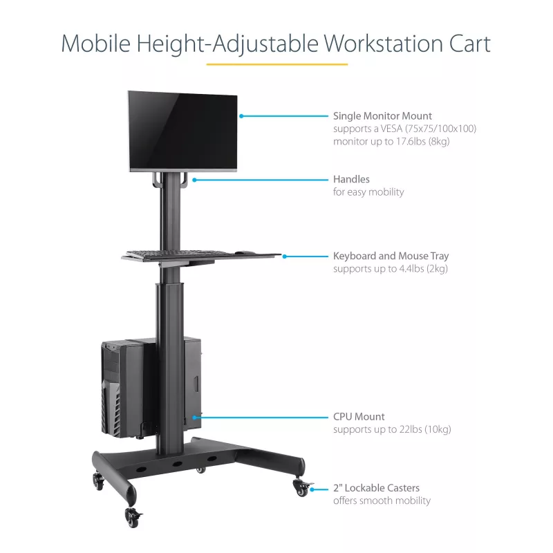 StarTech.com mobilo darbstaciju ratiņi ar monitora stiprinājumu, CPU/datora turētāju, tastatūras paliktni – ergonomiski augstumā regulējami galda datora ratiņi – ripojoša mobila stāvdarbstacija uz riteņiem