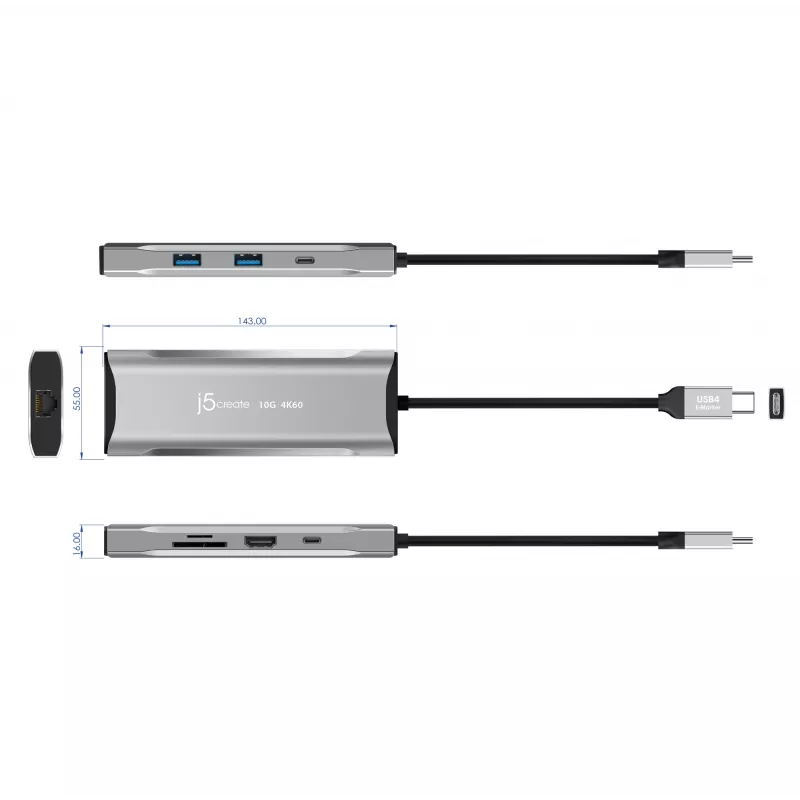 j5create JCD393 4K60 Elite USB-C® 10Gbps Mini Dock, Space pelēka