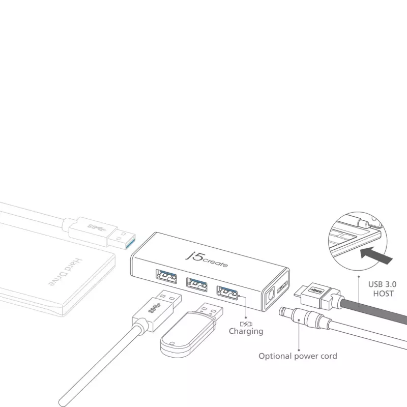 USB centrmezgls j5create JUH340 4 portu USB 3.0 melns alumīnijs