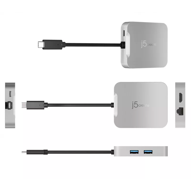 j5create JCD391 4K60 Elite USB-C® PD vairāku pieslēgvietu adapteris, sudraba krāsa