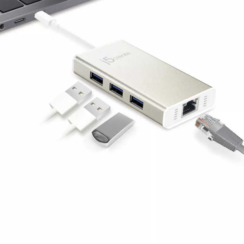 j5create JCH471 USB-C™ Gigabit Ethernet & Hub Multi Adapter, Metālisks šampanietis