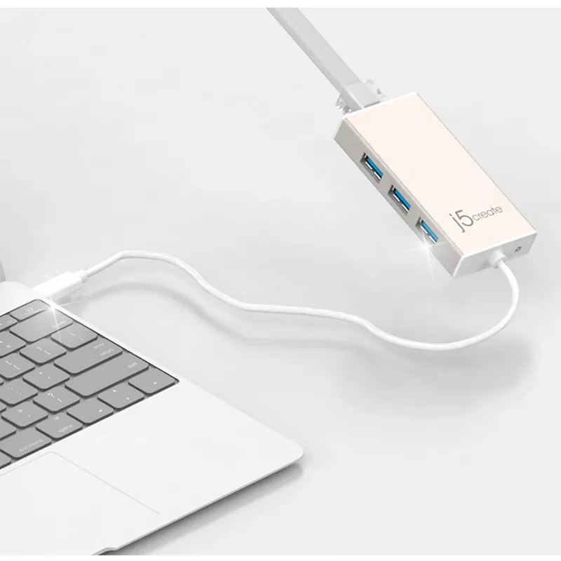 j5create JCH471 USB-C™ Gigabit Ethernet & Hub Multi Adapter, Metālisks šampanietis