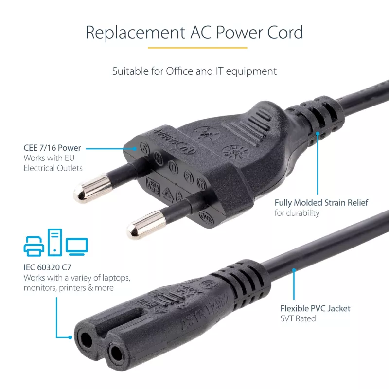 StarTech.com 3m (10 pēdu) klēpjdatora strāvas vads, EU kontaktdakša uz C7, 2.5A 250V, 18AWG, klēpjdatora rezerves vads, printera strāvas kabelis, klēpjdatora lādētāja vads, klēpjdatora strāvas bloka vads, melns