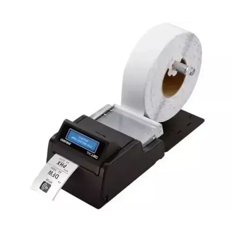 Etiķešu printeris CUSTOM TK180 — termiskā pārneses druka, 300×300 DPI, 200 mm/s, maks. papīra platums 82,5 mm, vadu Ethernet, melns