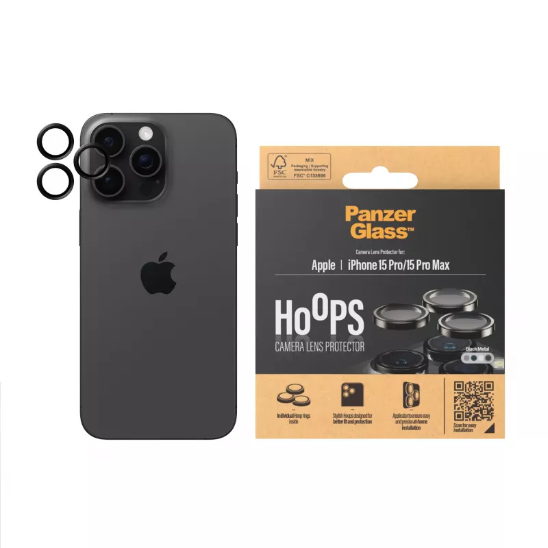 PanzerGlass ® Hoops® Metāla Kameras Objektīva Aizsargs Melns iPhone 15 Pro | 15 Pro Max