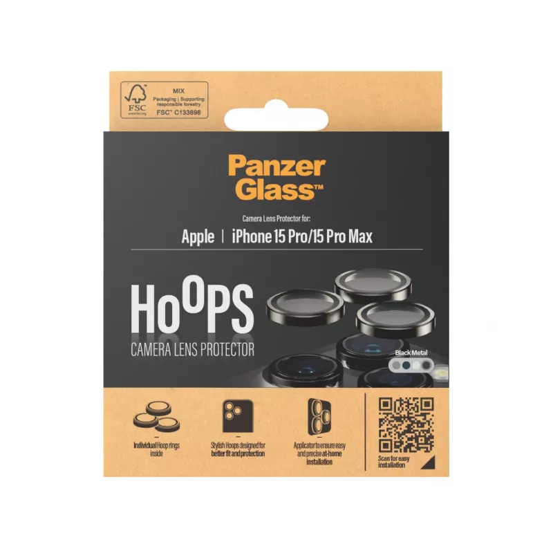 PanzerGlass ® Hoops® Metāla Kameras Objektīva Aizsargs Melns iPhone 15 Pro | 15 Pro Max